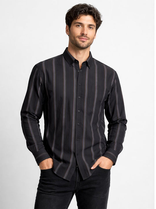 Men’s Black Striped Casual Shirt – Modern Fit