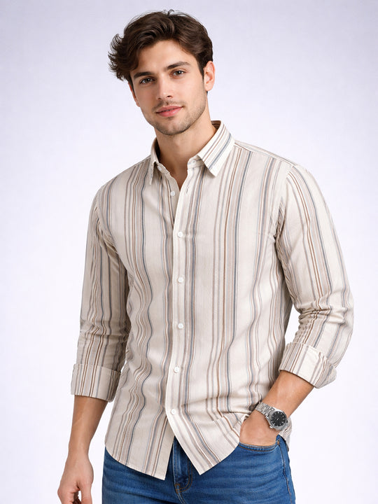 Men’s White Striped Casual Shirt – Relaxed Fit
