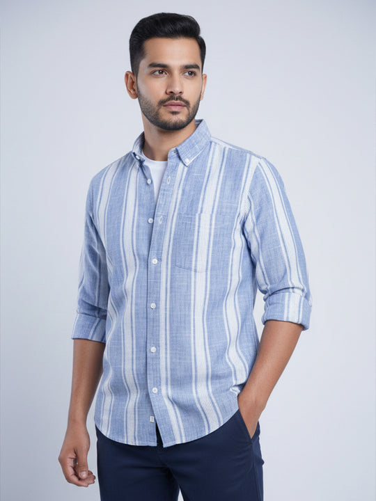Men's Slate Blue Striped Casual Shirt - Relaxed Fit