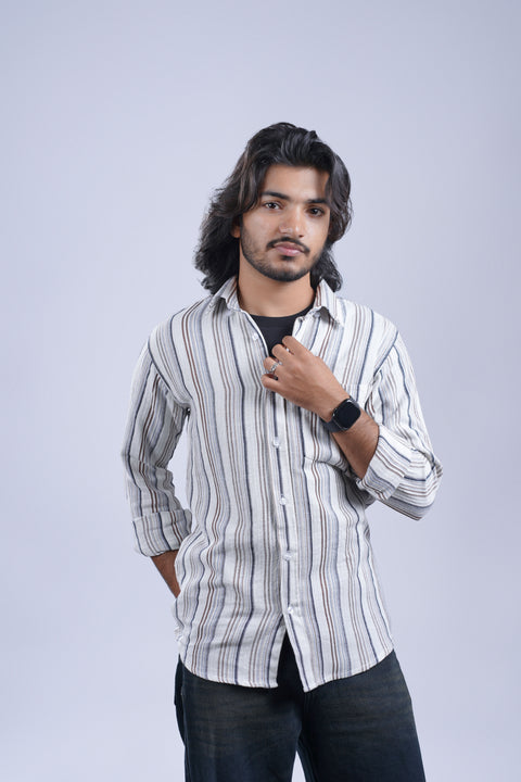 Men’s White Striped Casual Shirt – Relaxed Fit