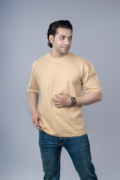 DAKE Men's Oversized Fit Beige Cotton T-Shirt
