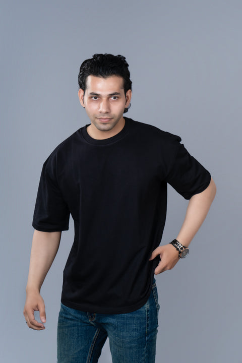 DAKE Men's Oversized Solid Black Cotton T-Shirt