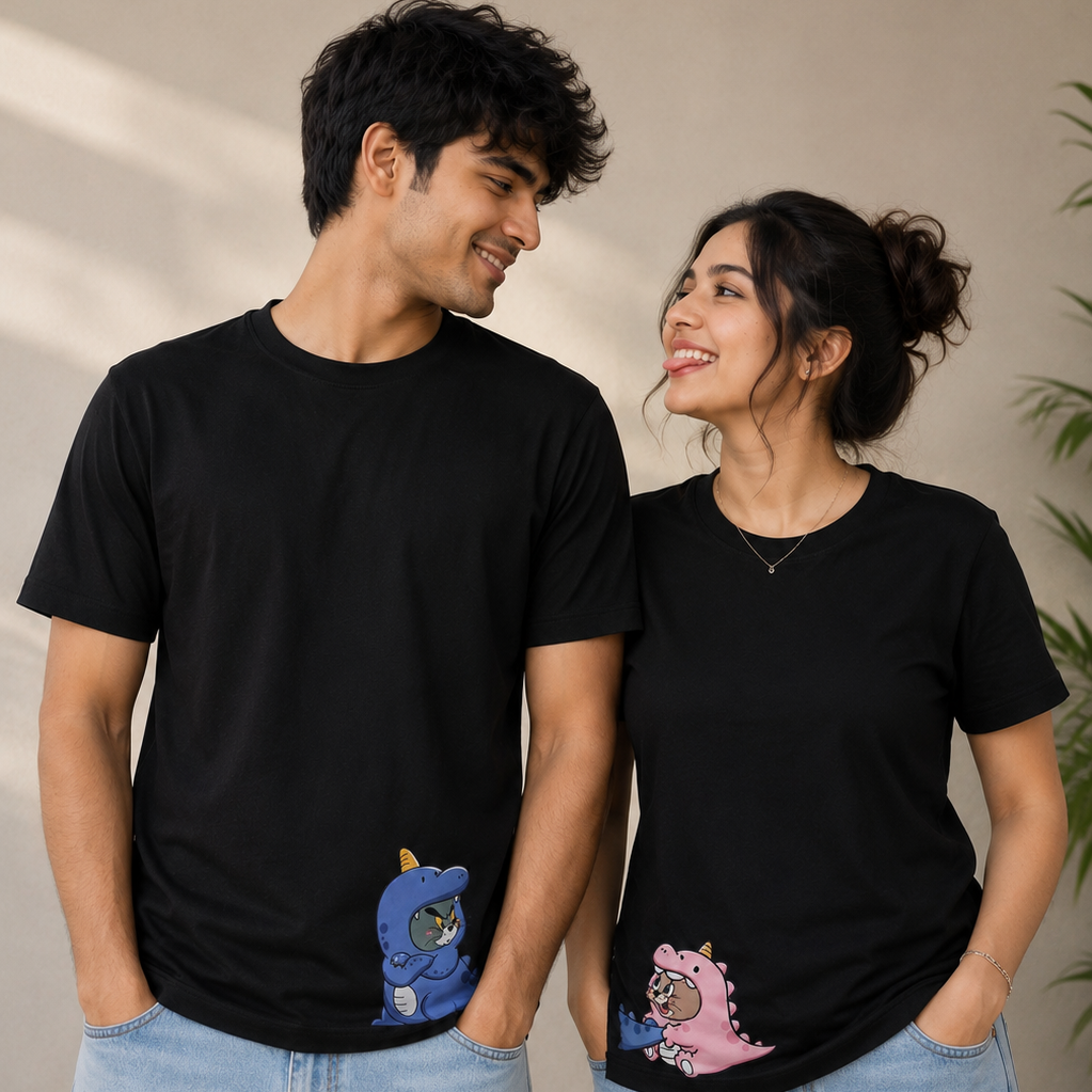Dino Love Couple Graphic T-Shirt – Cute Matching Cotton Tee